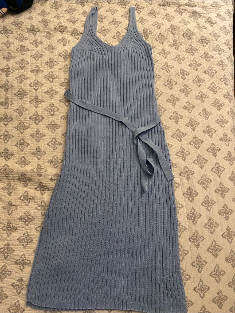 Hem & Thread Light Blue Ribbed Knit Midi Dress with Waist Tie